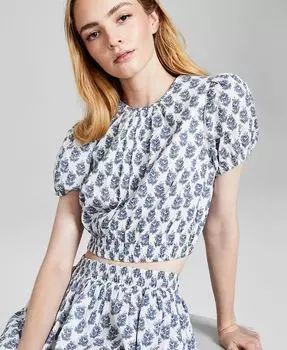Женский укороченный хлопковый топ с объемными рукавами и принтом And Now This, синий