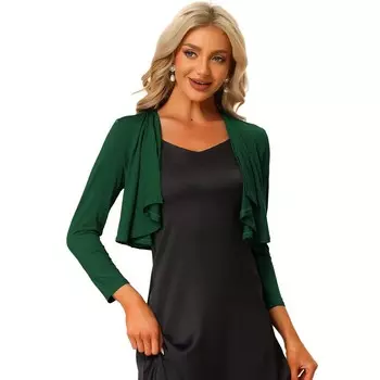 Женский укороченный кардиган-болеро с открытой передней частью и драпировкой, рукавами 3/4 ALLEGRA K, цвет Dark Green