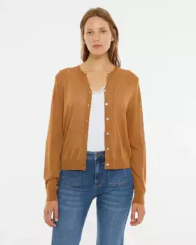 Женский укороченный кардиган с короткими рукавами и застежкой на пуговицы System Action, коричневый
