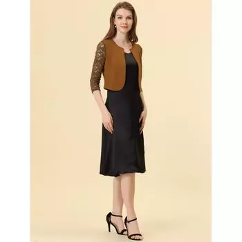 Женский укороченный кардиган с кружевом и рукавами 3/4 для отдыха ALLEGRA K, темно-синий