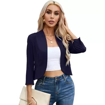 Женский укороченный пиджак, повседневный деловой кардиган без воротника с рукавами 3/4 и открытой передней частью, рабочая куртка, пожимание плечами MISSKY, цвет Navy Blue