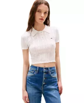 Женский укороченный поло-свитер с ажурной вязкой Tommy Jeans, коричневый/бежевый
