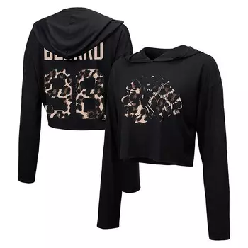 Женский укороченный пуловер с капюшоном Majestic Threads Connor Bedard Black Chicago Blackhawks с леопардовым принтом имени и номера, цвет Hwk Black