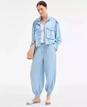 Женский укороченный рабочий пиджак из шамбре, хлопковая майка и брюки-балоны из шамбре On 34th, белый