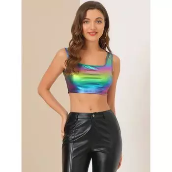 Женский укороченный топ без рукавов с круглым вырезом и блестящим металлическим укороченным топом для вечеринок ALLEGRA K