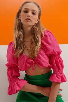 Женский укороченный топ цвета фуксии с завязкой спереди на шнурке ALC-X8723 Trend Alaat Stili, розовый