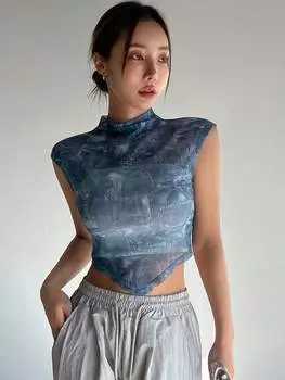 Женский укороченный топ DAZY Y2K, с круглым вырезом, с длинными рукавами, нестандартной формы, летний, с уникальным дизайном, на ощупь, цвет синий