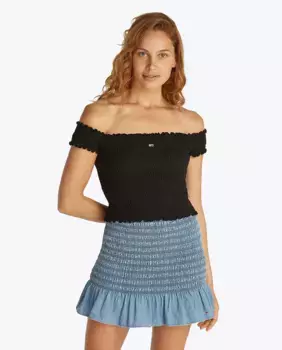 Женский укороченный топ из ткани-комбинации с вырезом-лодочкой Tommy Jeans, черный