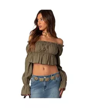 Женский укороченный топ Majestic со сборками и открытыми плечами Edikted, зеленый