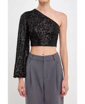 Женский укороченный топ с асимметричным пайетками и одним рукавом endless rose, черный