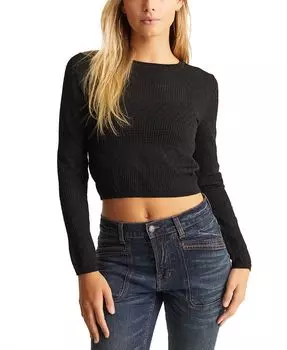 Женский укороченный топ с круглым вырезом и длинными рукавами, вышитый пуантами Frye, черный