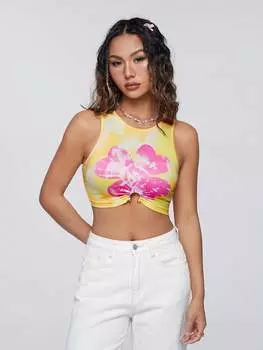 Женский укороченный топ SHEIN Qutie с четырьмя листьями клевера и принтом тай-дай, круглый вырез, повседневные майки на лето, желтый