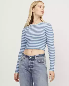Женский укороченный топ в полоску с длинными рукавами в рубчик Jack & Jones, светло-голубой