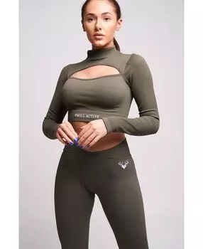 Женский укороченный топ в рубчик с высоким вырезом и длинными рукавами vialla из переработанных материалов - бензин Twill Active, зеленый