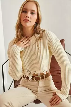 Женский укороченный вязаный свитер с рваным узором SHADE, бежевый