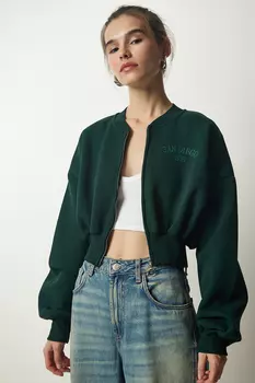 Женский укороченный вязаный свитшот изумрудно-зеленого цвета на молнии Happiness stanbul, зеленый
