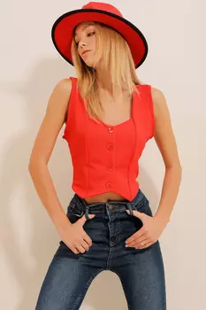 Женский укороченный жилет на пуговицах с красным воротником-сердечком Trend Alaat Stili, красный