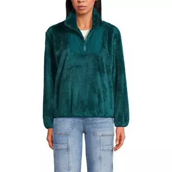 Женский уютный свитер на молнии с подкладкой из шерпы Lands' End, цвет evening teal
