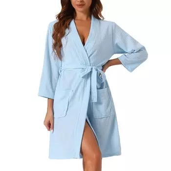 Женский вафельный халат, мягкое кимоно для спа и банные халаты средней длины Cheibear, цвет Sky Blue