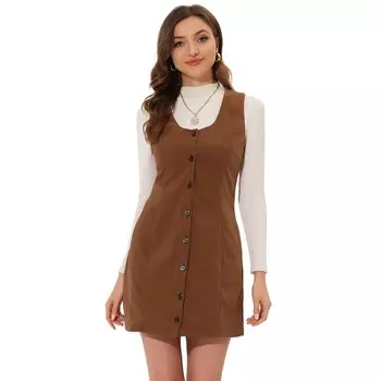 Женский вельветовый повседневный сарафан на пуговицах с круглым вырезом и карманами ALLEGRA K, коричневый