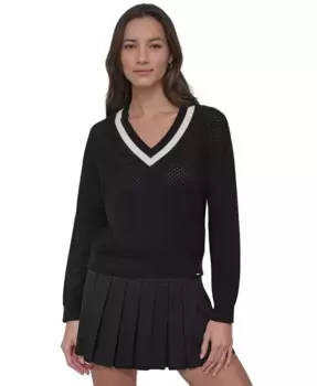 Женский вязаный полосатый топ с V-образным вырезом и ажурной сеткой DKNY, черный
