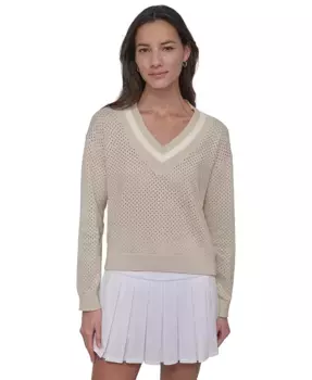 Женский вязаный полосатый топ с V-образным вырезом и ажурной сеткой DKNY, зеленый