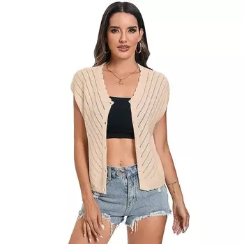 Женский вязаный свитер без рукавов с v-образным вырезом, жилет, повседневный однотонный топ на бретелях MISSKY, цвет Apricot