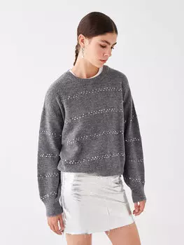 Женский вязаный свитер большого размера с круглым вырезом и длинными рукавами с принтом LCW Casual