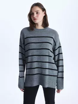 Женский вязаный свитер большого размера в полоску с круглым вырезом и длинными рукавами LCW Casual, черные полосы 2