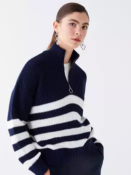 Женский вязаный свитер оверсайз с высоким воротником и цветными блоками с длинными рукавами LCW Vision