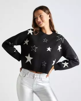 Женский вязаный свитер с круглым вырезом и принтом звезд Green Coast, черный