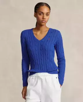 Женский вязаный свитер с V-образным вырезом из хлопка Polo Ralph Lauren, синий