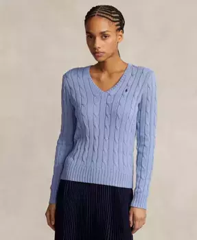 Женский вязаный свитер с V-образным вырезом из хлопка Polo Ralph Lauren, синий