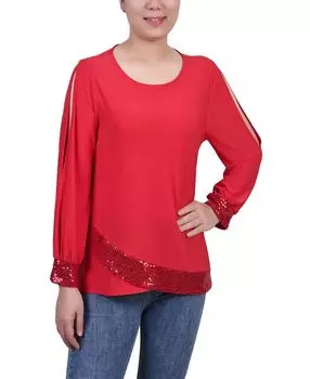 Женский вязаный топ с длинными рукавами и отделкой пайетками NY Collection, красный