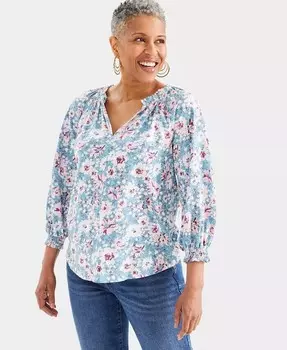 Женский вязаный топ с длинными рукавами и разрезом на шее с принтом Style & Co, синий