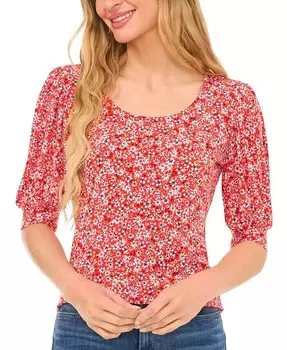 Женский вязаный топ с круглым вырезом, короткими воротничками и рукавами CeCe, оранжевый