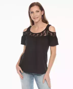 Женский вязаный топ с кружевной отделкой и открытыми плечами White Mark, черный