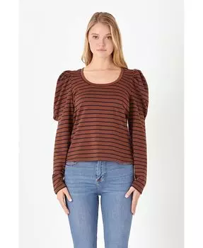 Женский вязаный топ с пышными рукавами English Factory, коричневый