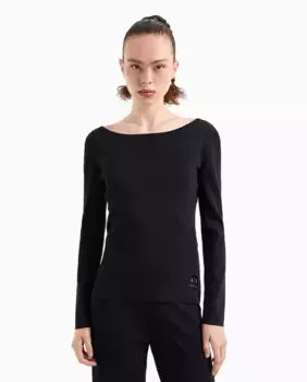 Женский вязаный топ с вырезом «лодочкой» и длинными рукавами Armani Exchange, черный