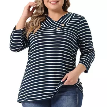 Женский вязаный топ в полоску больших размеров в стиле бохо с рукавами 3/4 и V-образным вырезом Agnes Orinda, цвет Dark Blue