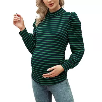Женский вязаный топ в рубчик для беременных, рубашки с длинными рукавами и воротником-стойкой, туника со складками для беременных, пуловер, топ Kojooin, синий