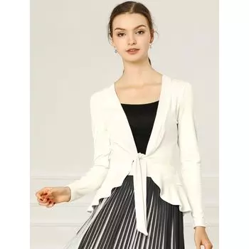 Женский вязаный укороченный кардиган с металлическими рюшами и открытым передом с длинными рукавами ALLEGRA K, белый