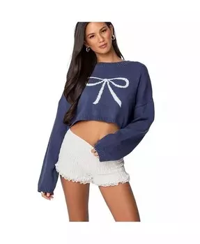 Женский вязаный укороченный свитер с бантом Edikted, синий