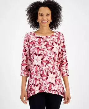 Женский жаккардовый топ с рукавами 3/4 с принтом JM Collection, красный