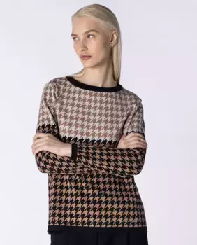 Женский жаккардовый вязаный свитер с круглым вырезом и длинными рукавами в ломаную клетку Naulover, светло-коричневый