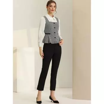 Женский жилет без рукавов с квадратным вырезом «гусиные лапки» и баской на пуговицах ALLEGRA K, черный