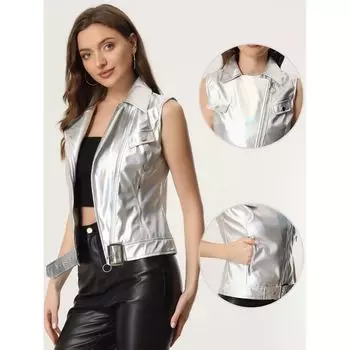 Женский жилет из искусственной кожи без рукавов с лацканами, мотоциклетная байкерская куртка ALLEGRA K