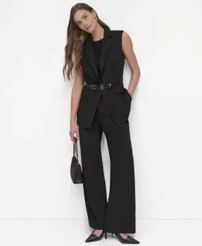 Женский жилет с вырезом под пояс, брюки с высокой посадкой и складками спереди на широких штанинах и вязаный свитер без рукавов с круглым вырезом DKNY, слоновая кость/кремовый