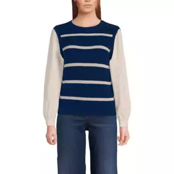 Женский жилет-свитер в стиле шейкер с пуговицами на плечах и поплиновыми рукавами Lands' End, цвет navy champagn stripe