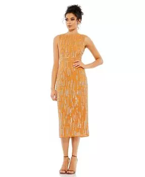 Женское абстрактное платье миди без рукавов с вышивкой бисером MAC DUGGAL